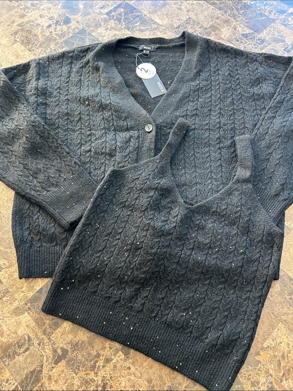 NWT 🆕 Mexx Women’s Sequin Black Cable-Knit Cardigan & Tank Set size L